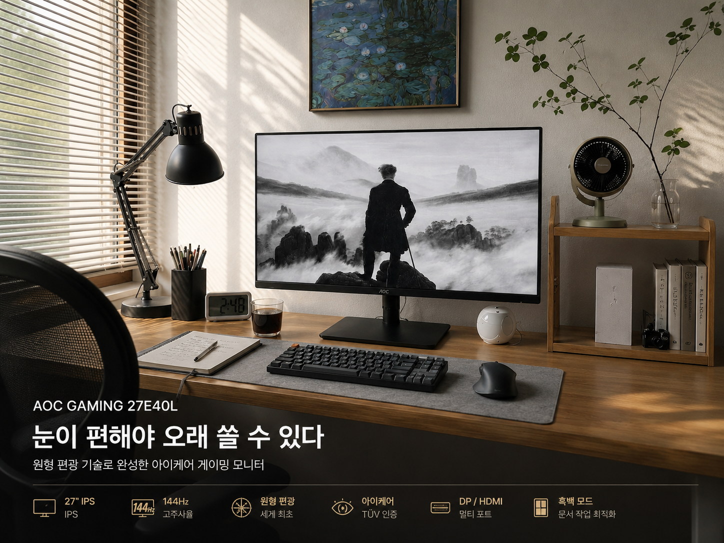 매일 10시간 글 쓰는 눈을 살린 모니터 — 세계 최초 원형 편광 AOC 27E40L 2주 실사용 후기